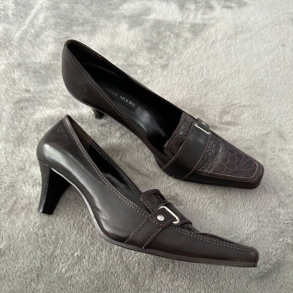 Vintage Jennifer Moore Brown Croc Embossed Square Toe Buckle Kitten Heels 7 - Picture 1 of 7